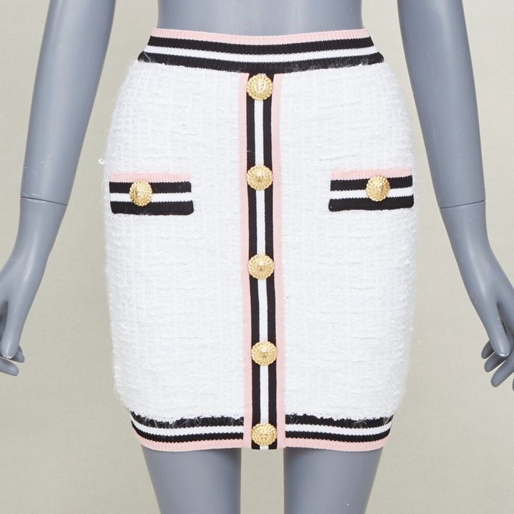 Balmain knit tweed striped border lion button skirt